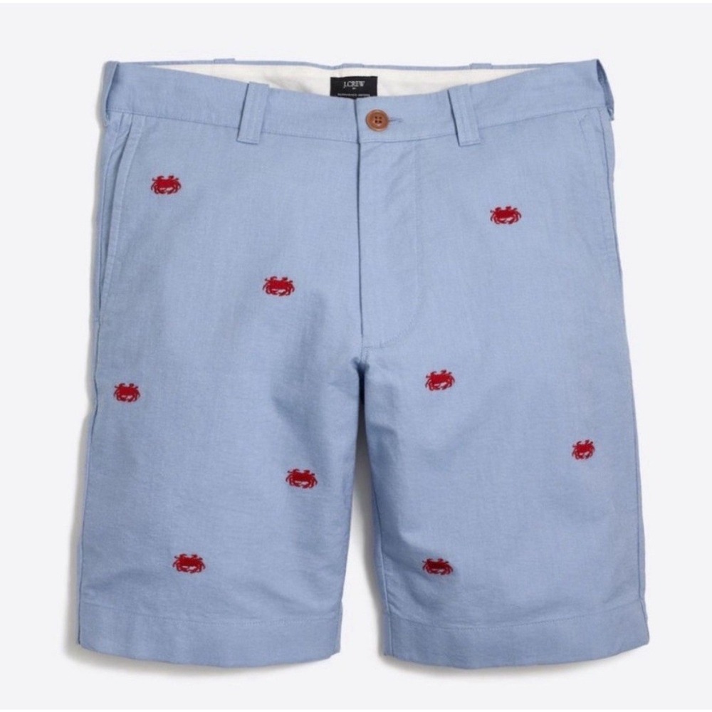 J.Crew Mens Shorts‎ BLUE SUNWASHED OXFORD CLOTH RED CRABS SZ 31 Flat Front New